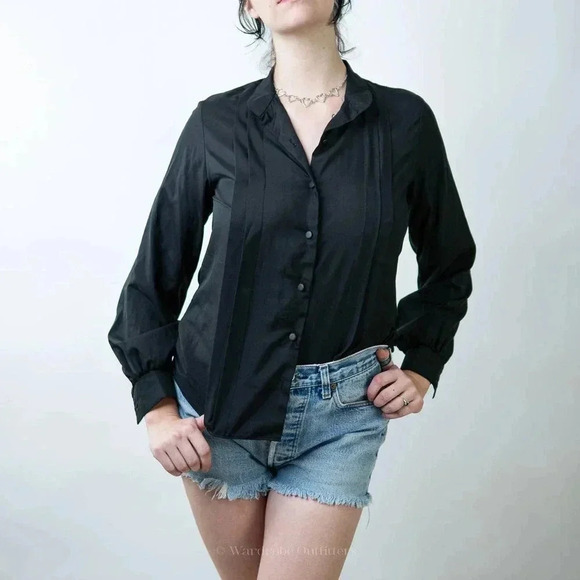Vintage 90s Sheer Black Pleated Button Down Blouse - Picture 1 of 8